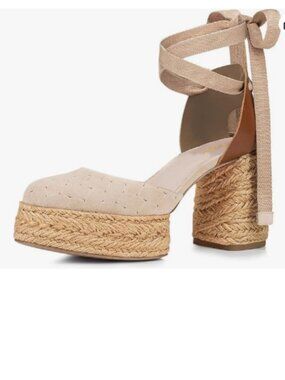 YDN Beige Strappy Platform Sandal Pumps Block Heels Lace Up Ankle Strap Shoes